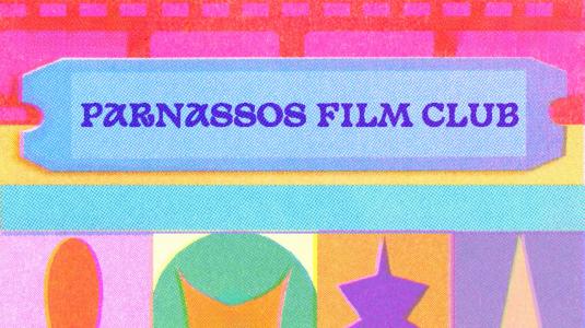 Illustratie met tekst van Parnassos Filmclub met kleuren zoals: blauw, roze, rood, geel en oranje. 